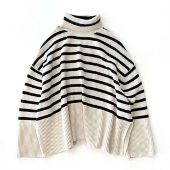 Gap Navy Blue Cream Horizontal Nautical Stripe Turtleneck Fisherman Sweater - Picture 5 of 16